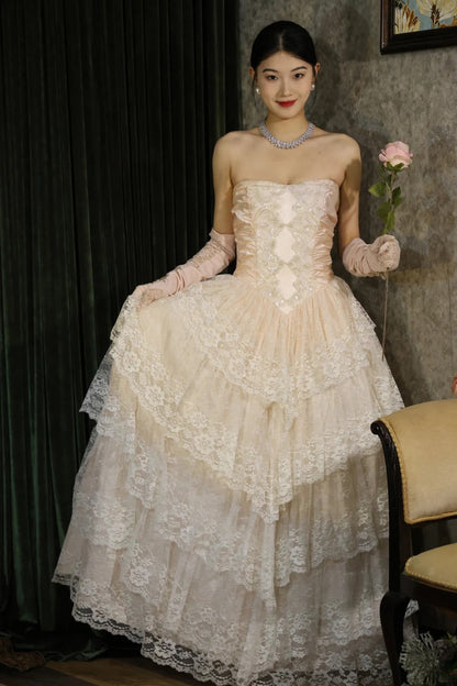 Elegant A-Line White Long Prom Dresses  Strapless Retro Lace Wedding Dresses