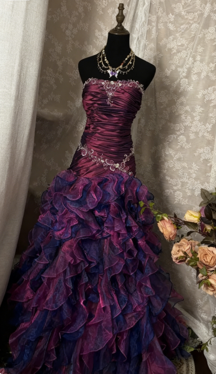 Vintage Sheath Grape Long Prom Dresses Tiered Tulle Strapless Quinceanera Dresses Sweet 16 Dresses