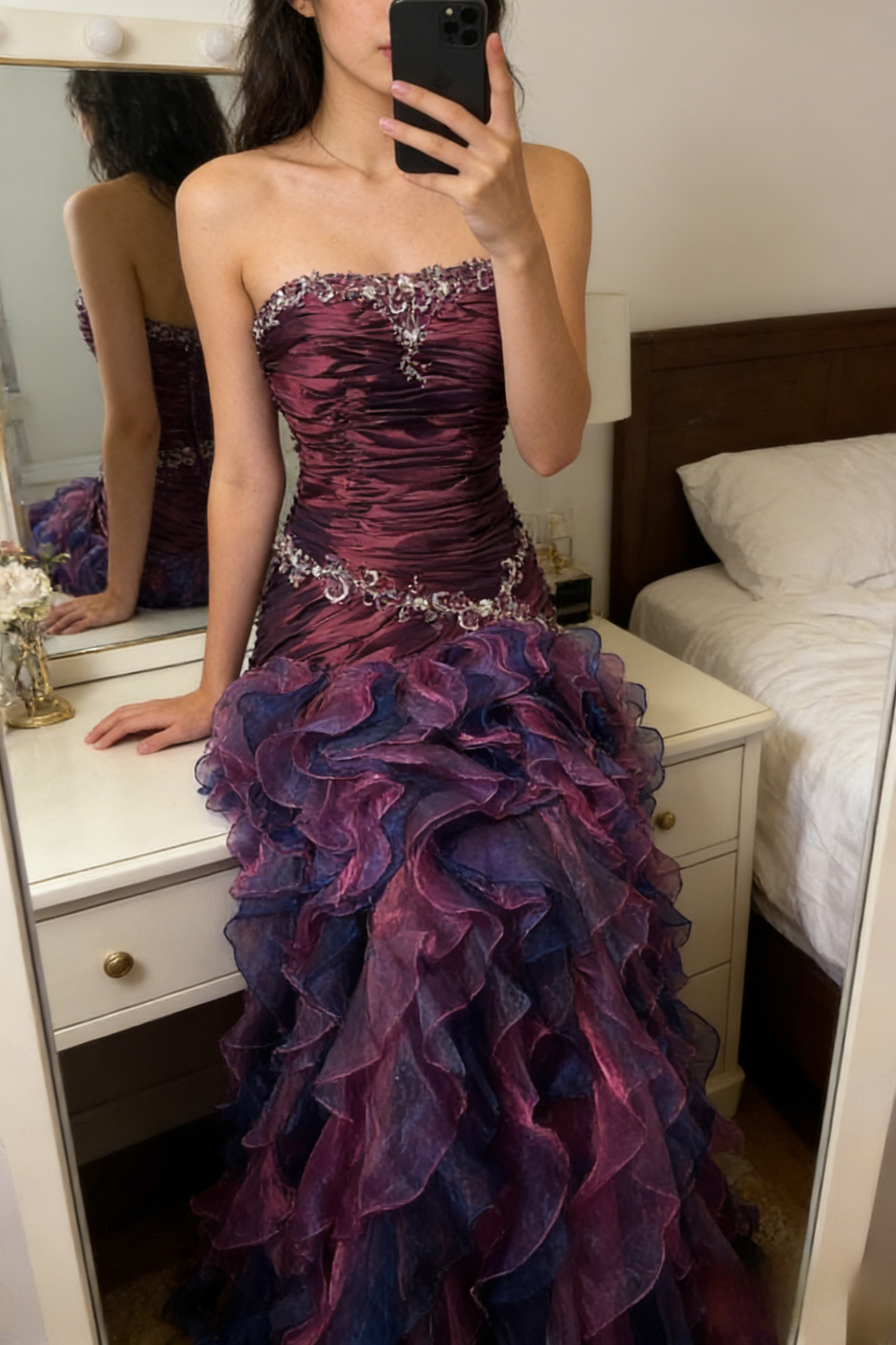 Vintage Sheath Grape Long Prom Dresses Tiered Tulle Strapless Quinceanera Dresses Sweet 16 Dresses