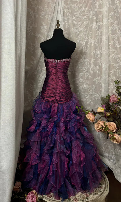 Vintage Sheath Grape Long Prom Dresses Tiered Tulle Strapless Quinceanera Dresses Sweet 16 Dresses