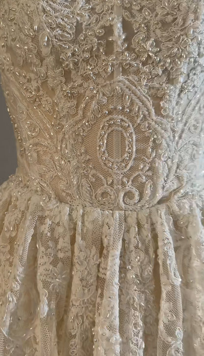 Vintage A-Line Long Wedding Dresses Sweetheart Lace Beaded Bridal Gowns Applique Bridal Dresses