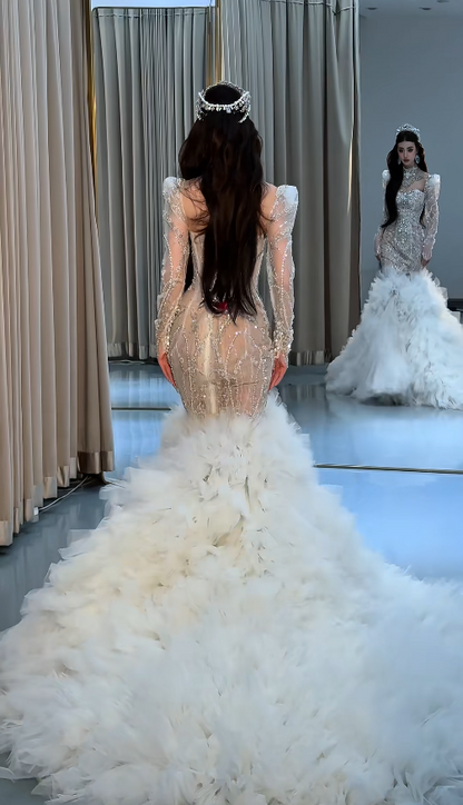 Gorgeous High Neck Mermaid Long Wedding Dresses Beaded Tulle  Bridal Gowns