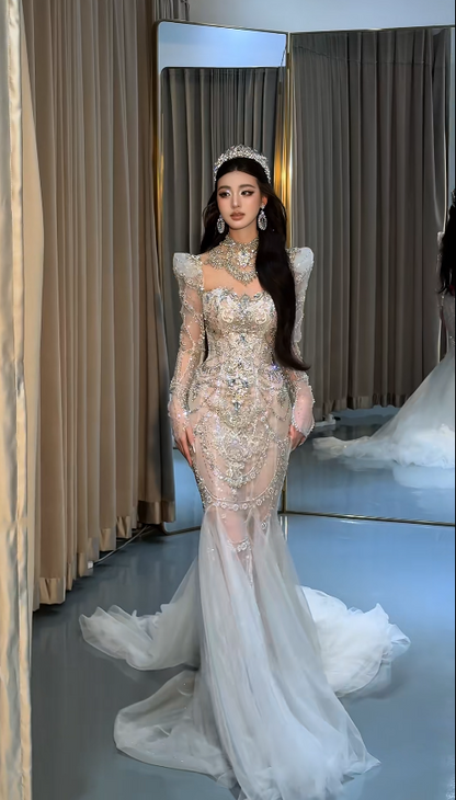 Gorgeous High Neck Mermaid Long Wedding Dresses Beaded Tulle  Bridal Gowns