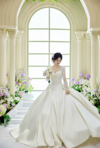 Chic A-Line Long Wedding Dresses Satin  White Bridal Dresses Beaded Long Sleeves Bridal Gown