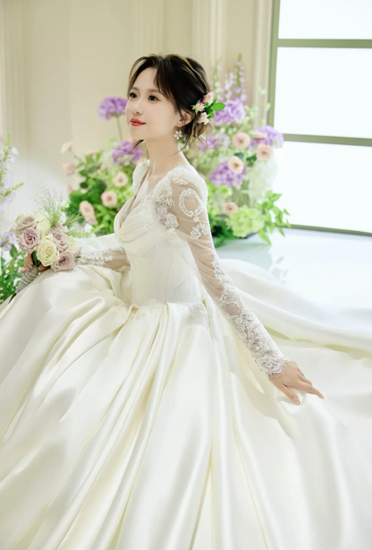 Chic A-Line Long Wedding Dresses Satin  White Bridal Dresses Beaded Long Sleeves Bridal Gown