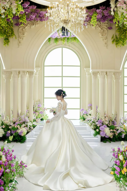 Chic A-Line Long Wedding Dresses Satin  White Bridal Dresses Beaded Long Sleeves Bridal Gown