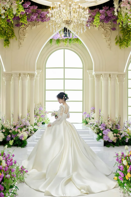 Chic A-Line Long Wedding Dresses Satin  White Bridal Dresses Beaded Long Sleeves Bridal Gown