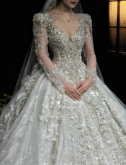 Chic A-Line Long Wedding Dresses Tulle  White Bridal Dresses Beaded Long Sleeves Bridal Gown