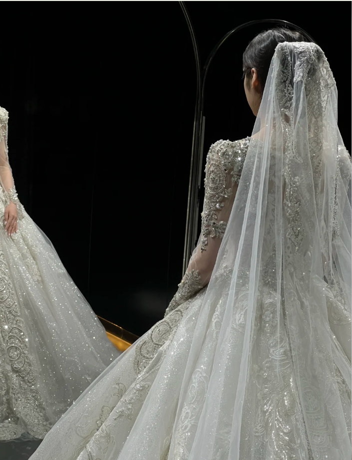 Chic A-Line Long Wedding Dresses Tulle  White Bridal Dresses Beaded Long Sleeves Bridal Gown
