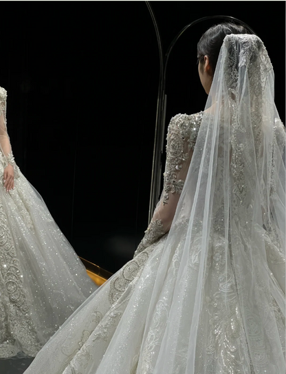 Chic A-Line Long Wedding Dresses Tulle  White Bridal Dresses Beaded Long Sleeves Bridal Gown