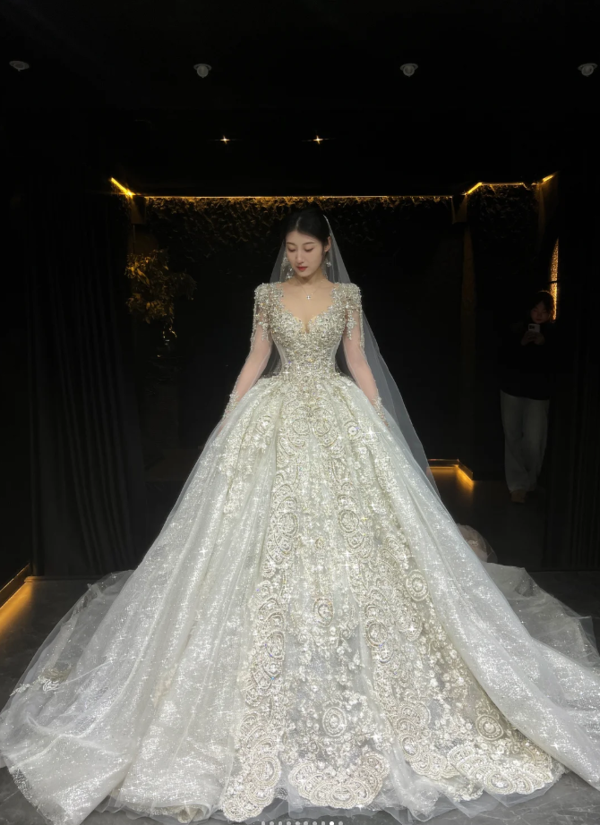 Chic A-Line Long Wedding Dresses Tulle  White Bridal Dresses Beaded Long Sleeves Bridal Gown