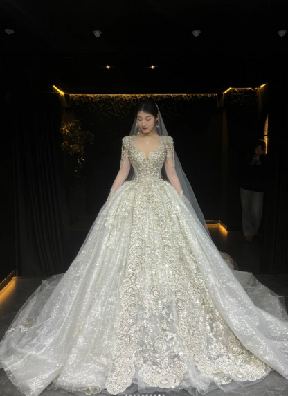 Chic A-Line Long Wedding Dresses Tulle  White Bridal Dresses Beaded Long Sleeves Bridal Gown