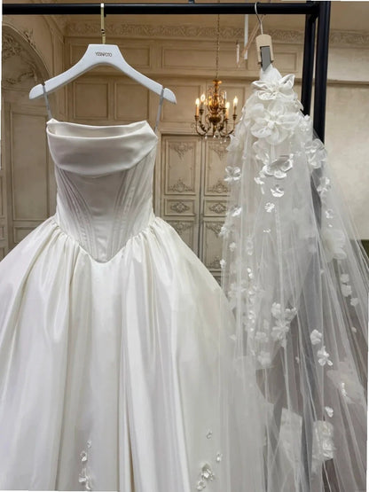 Fairy A-line Long Wedding Dresses Satin White Bridal Gowns Sleevless Strapless Bridal Dresses