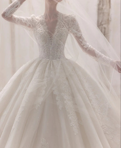 Fairy A-line Long Wedding  Dresses Tulle White Bridal Gowns Long Sleeves V-neck  Bridal Dresses