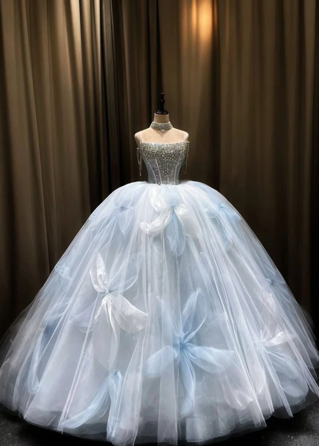 Fairy A-line Long Wedding  Dresses Tulle Ice Blue Bridal Gowns Sleeveless Strapless  Bridal Dresses