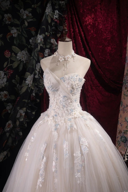 Fairy A-line Long Wedding  Dresses Tulle Appliques White  Bridal Gowns Sleeveless   Sweetheart Bridal Dresses