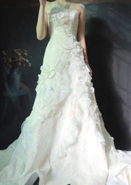 Vintage Sheath Long Wedding Dresses Tulle Applique Beaded White Bridal Gowns Strapless Sleeveless Bridal Dresses