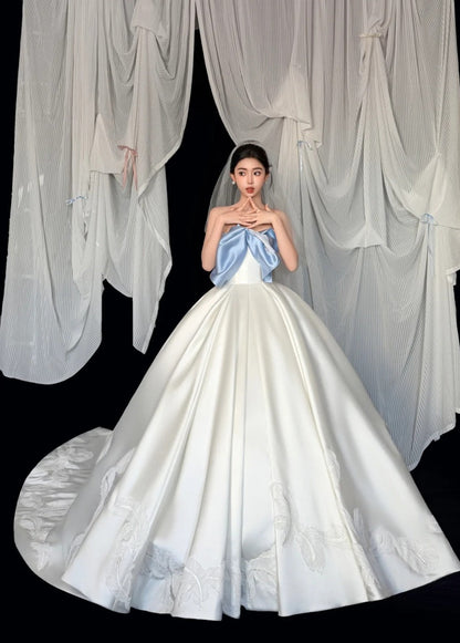 Modest A-line Long Wedding Dress Satin Strapless White Bridal Gowns Sleeveless Bridal Dress ED06632