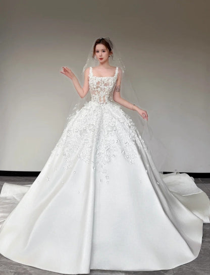 Timeless White Satin Appliqué A-Line Wedding Dress | Sleeveless Bridal Gown
