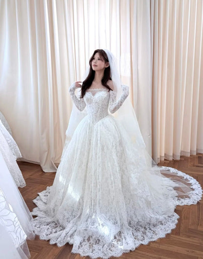 Elegant White Lace Off-Shoulder A-Line Wedding Dress | Long Sleeve Bridal Gown