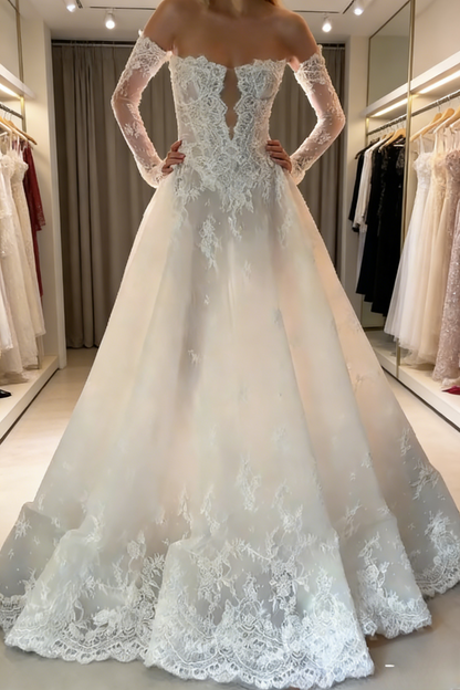 Modest White Wedding Dress Strapless A-Line Bridal Gowns Tulle Applique Bridal Dress