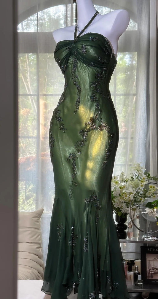 Vintage Halter  Mermaid Long Prom Dresses Chiffon Beaded Dark Green Long Formal Dresses