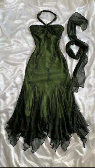 Vintage Halter  Mermaid Long Prom Dresses Chiffon Beaded Dark Green Long Formal Dresses