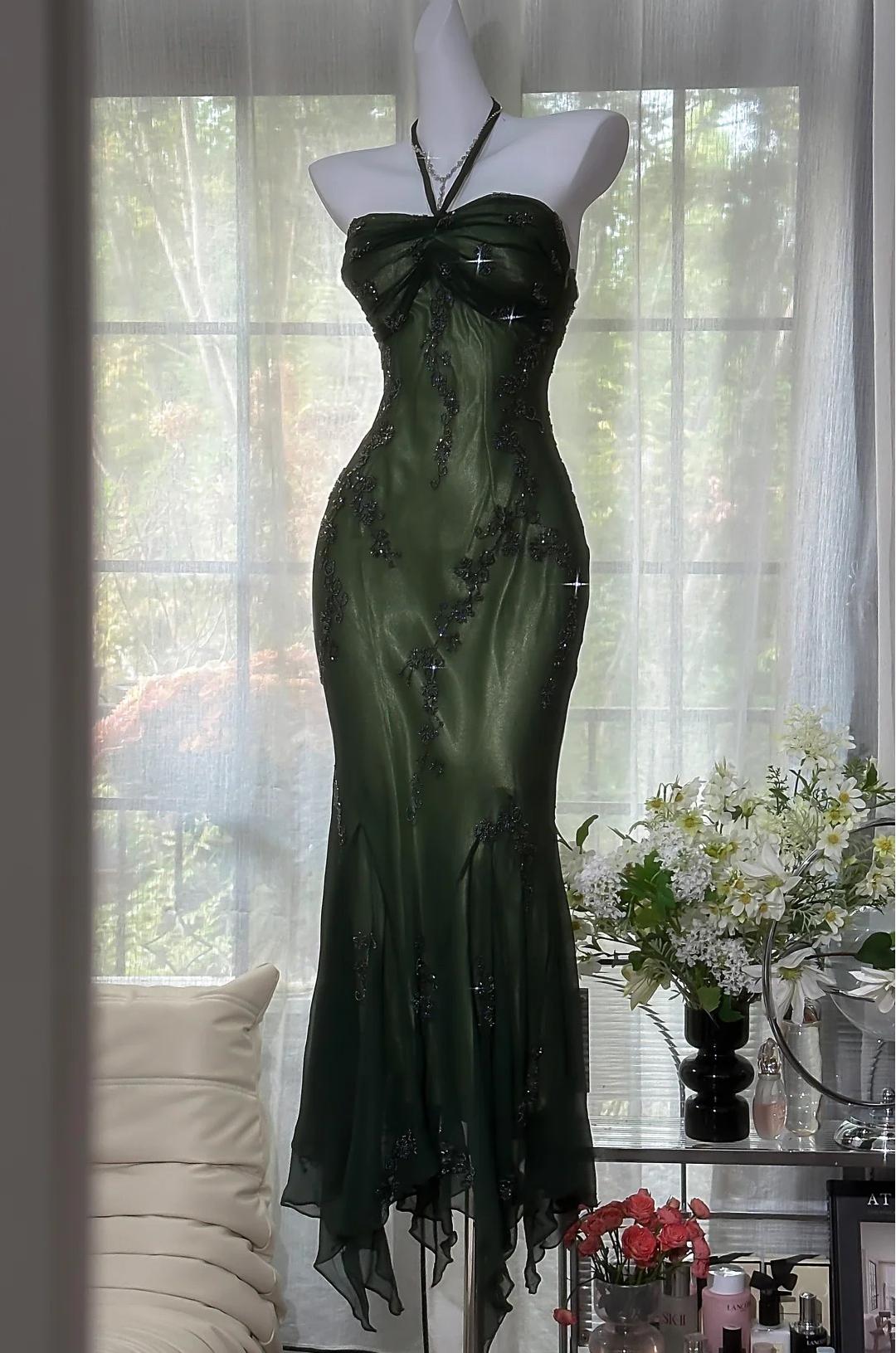 Vintage Halter  Mermaid Long Prom Dresses Chiffon Beaded Dark Green Long Formal Dresses
