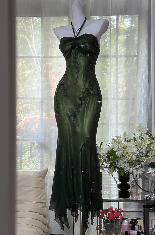 Vintage Halter  Mermaid Long Prom Dresses Chiffon Beaded Dark Green Long Formal Dresses