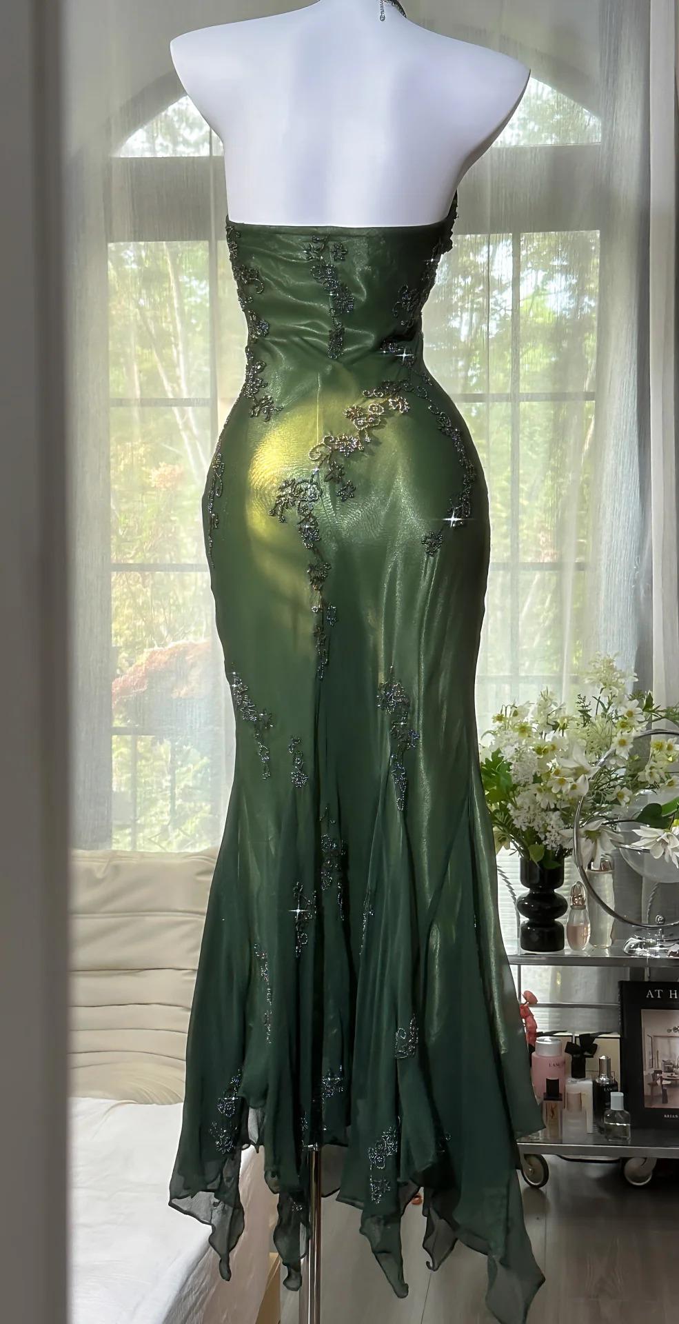 Vintage Halter  Mermaid Long Prom Dresses Chiffon Beaded Dark Green Long Formal Dresses