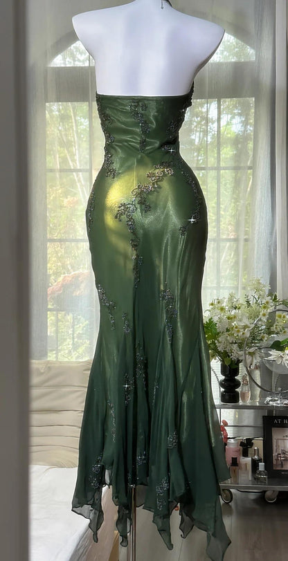 Vintage Halter  Mermaid Long Prom Dresses Chiffon Beaded Dark Green Long Formal Dresses
