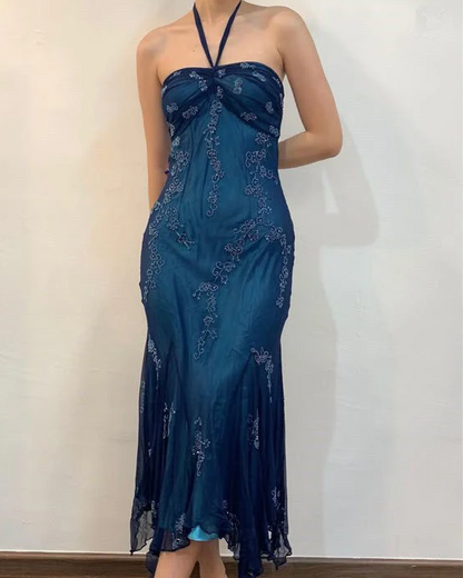 Vintage Halter  Mermaid Long Prom Dresses Chiffon Beaded Dark Green Long Formal Dresses