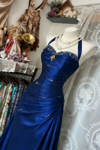 Vintage Halter Sheath Long Prom Dresses Beaded Satin Blue Evening Dresses Sleeveless Birthday Dresses