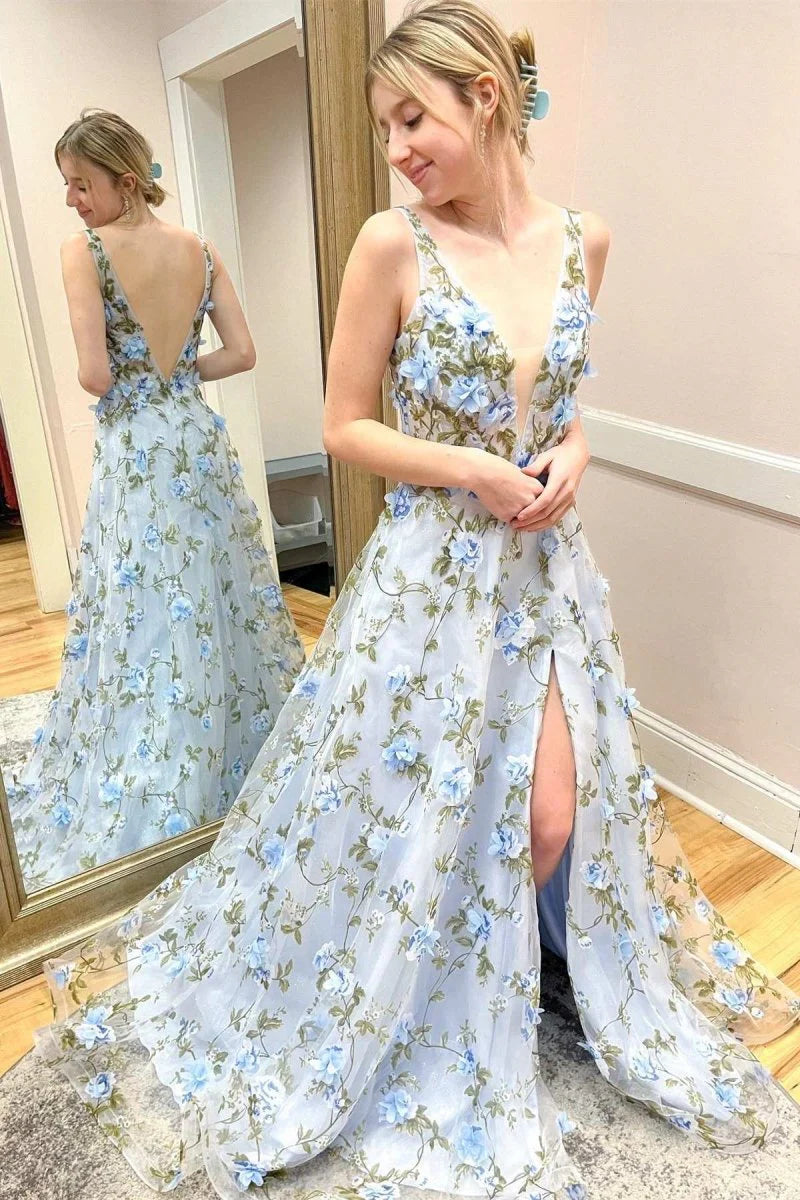 Elegant 3D Flowers A-line Prom Dresses V-Neck Evening Party Dress,AST2201