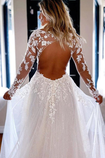 Elegant A-line V Neck Lace Long Sleeves Wedding Dresses,AST1224