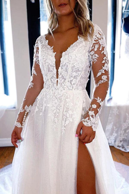 Elegant A-line V Neck Lace Long Sleeves Wedding Dresses,AST1224