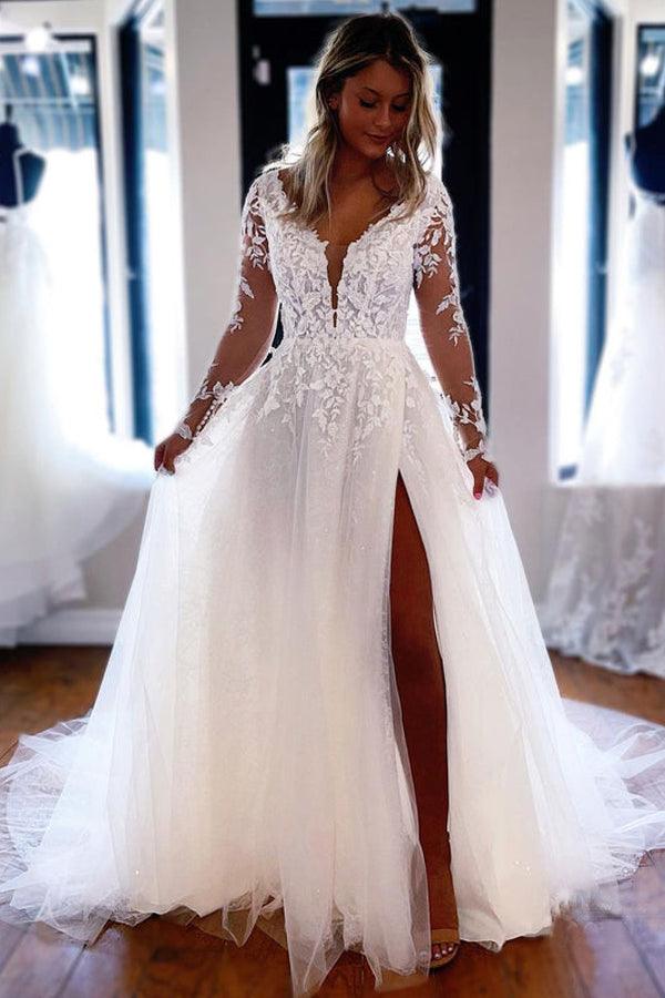 Elegant A-line V Neck Lace Long Sleeves Wedding Dresses,AST1224