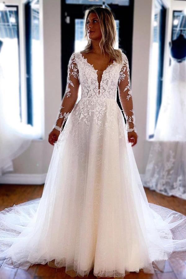 Elegant A-line V Neck Lace Long Sleeves Wedding Dresses,AST1224