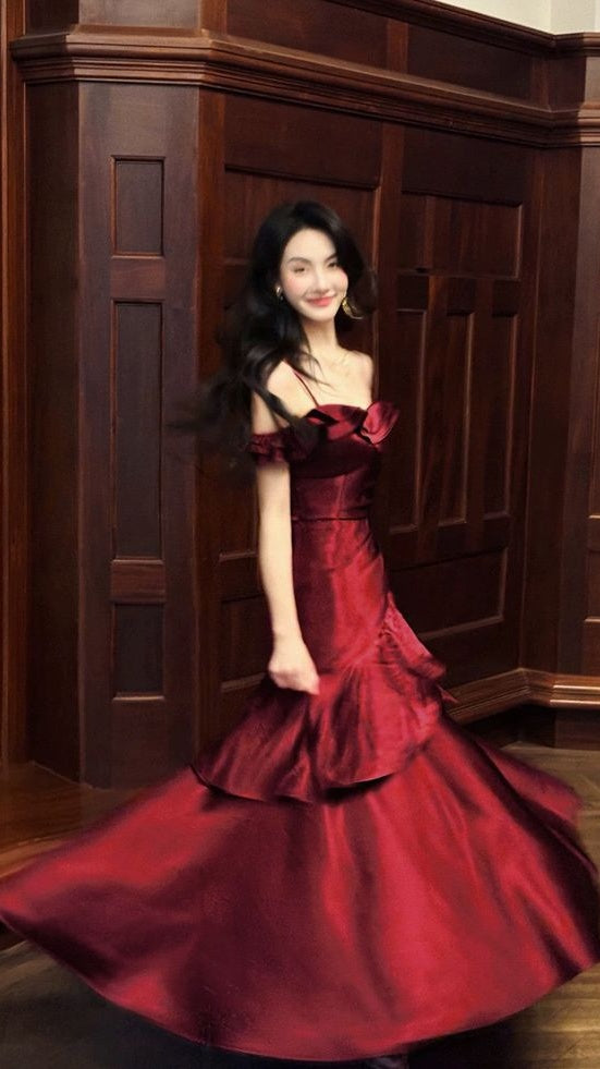 Elegant Burgundy Long Prom Dresses Ruffle Evening Dress,AST2104