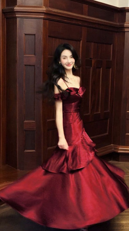 Elegant Burgundy Long Prom Dresses Ruffle Evening Dress,AST2104