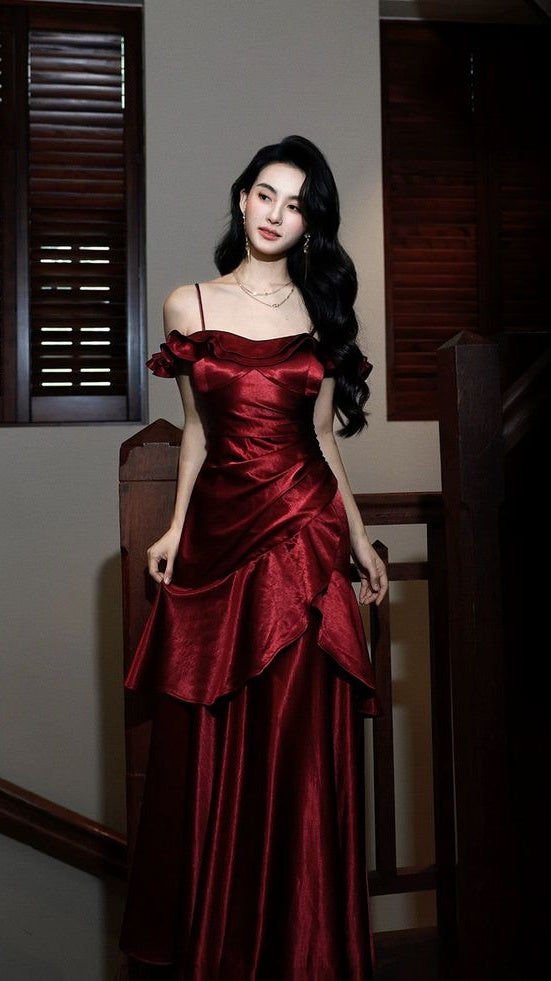 Elegant Burgundy Long Prom Dresses Ruffle Evening Dress,AST2104