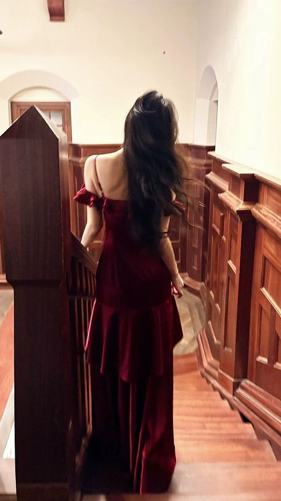 Elegant Burgundy Long Prom Dresses Ruffle Evening Dress,AST2104