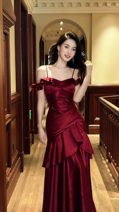 Elegant Burgundy Long Prom Dresses Ruffle Evening Dress,AST2104
