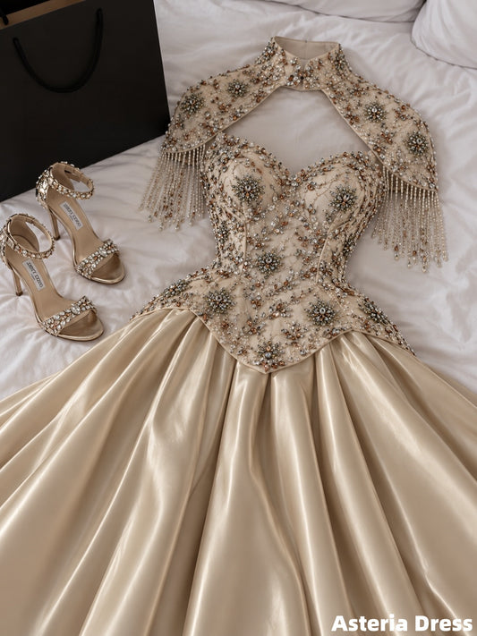 Elegant Champagne Beaded Satin A-Line Prom Dresses, Long Formal Party Dress
