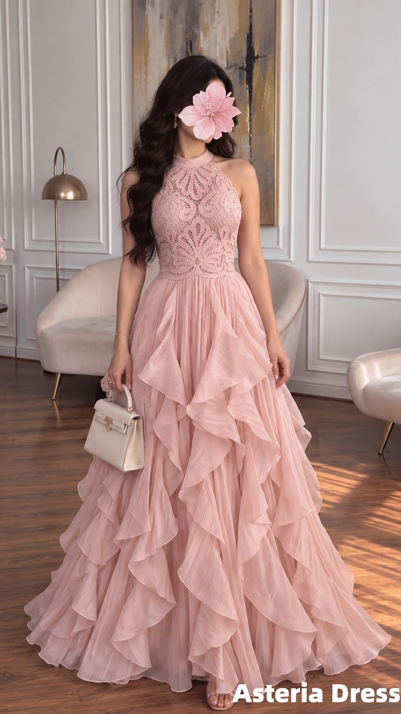 Elegant Halter Pink Lace Chiffon Ruffle Prom Dresses