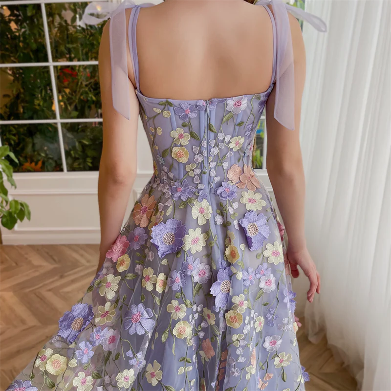 Elegant Lavender Floral Tea Length Homecoming Dress Tulle Party Gown, AST1005