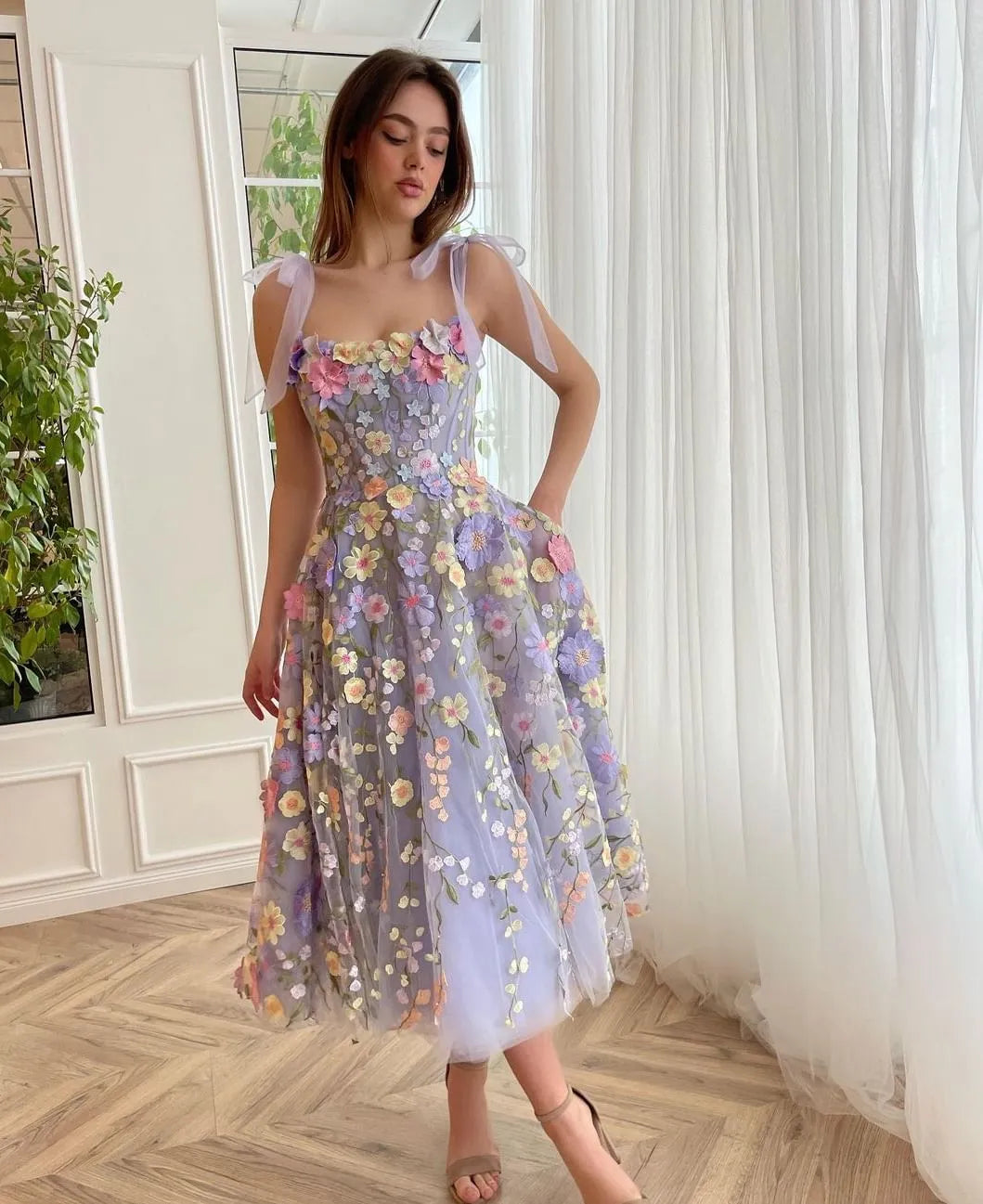 Elegant Lavender Floral Tea Length Homecoming Dress Tulle Party Gown, AST1005