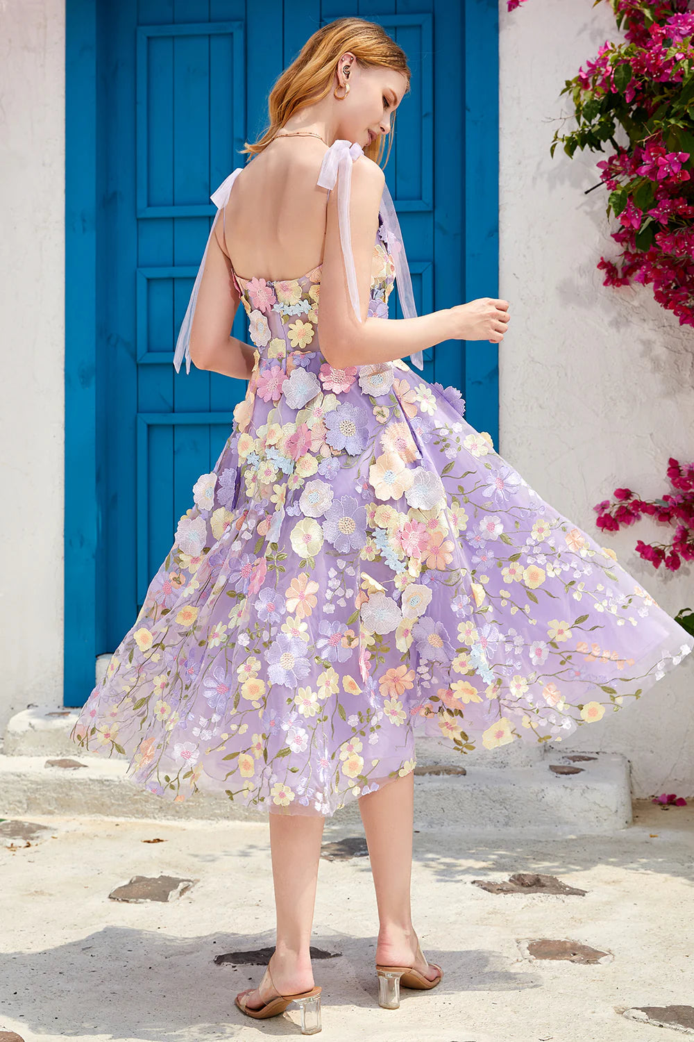 Elegant Lavender Floral Tea Length Homecoming Dress Tulle Party Gown, AST1005