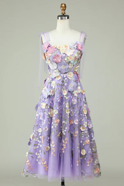 Elegant Lavender Floral Tea Length Homecoming Dress Tulle Party Gown, AST1005