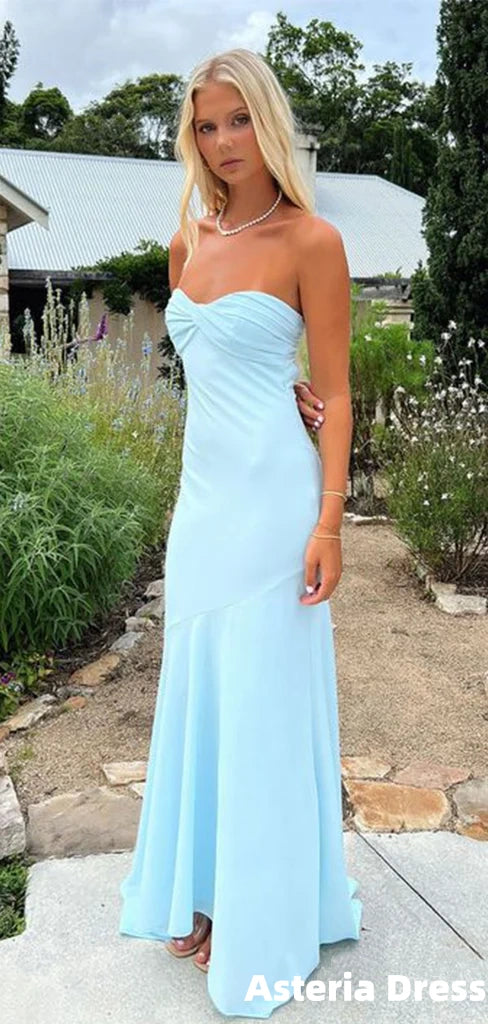Elegant Light Blue Strapless Mermaid Long Prom Dress, Evening Dress